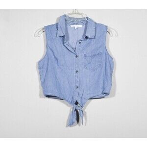 Love Tree Blue Chambray Sleeveless Tie Top Button Up Crop Top Size M